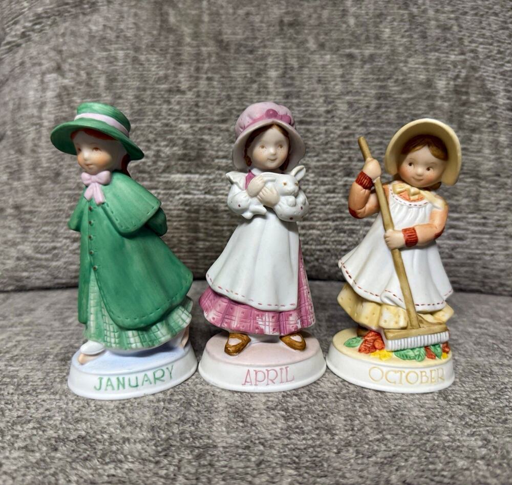 Holly Hobbie Months of Joy Hand-Painted Porcelain Figurines Set 3 Jan/Apr/Oct
